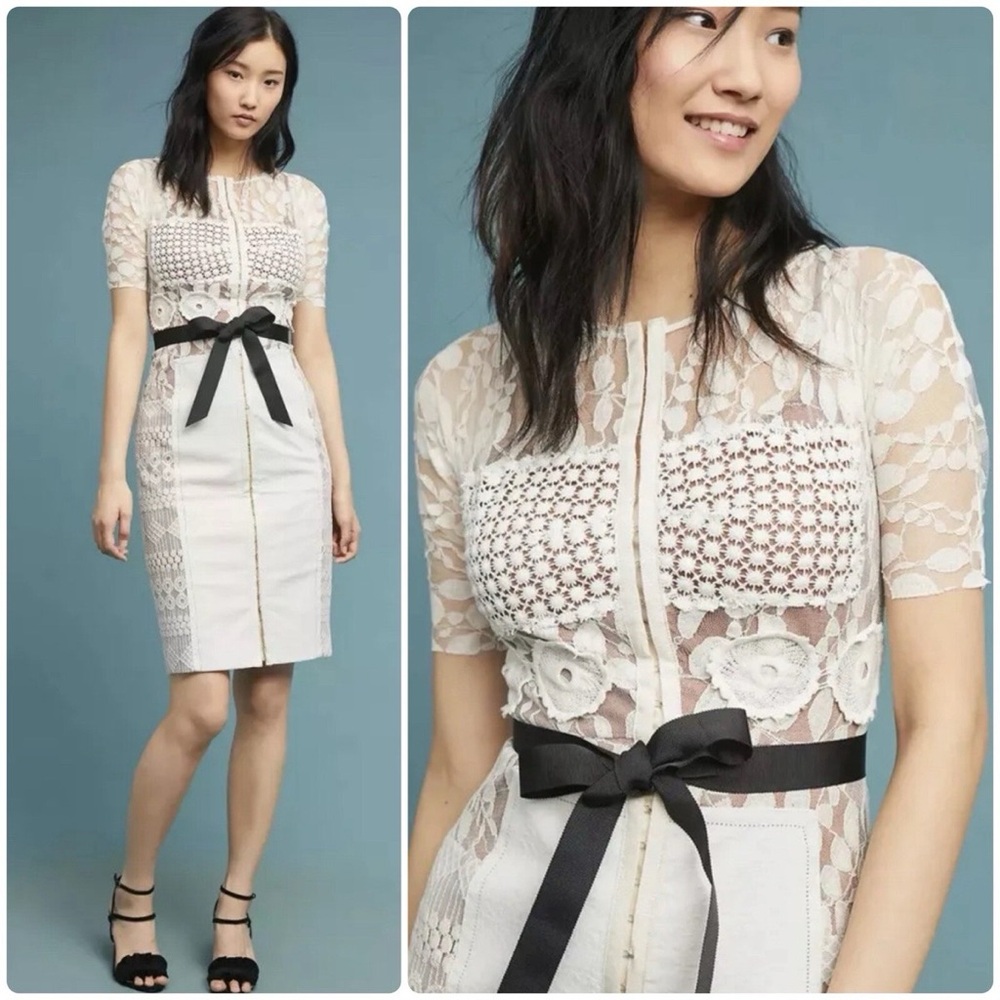 Byron Lars White Lace Sheath Dress with Black Ribbon